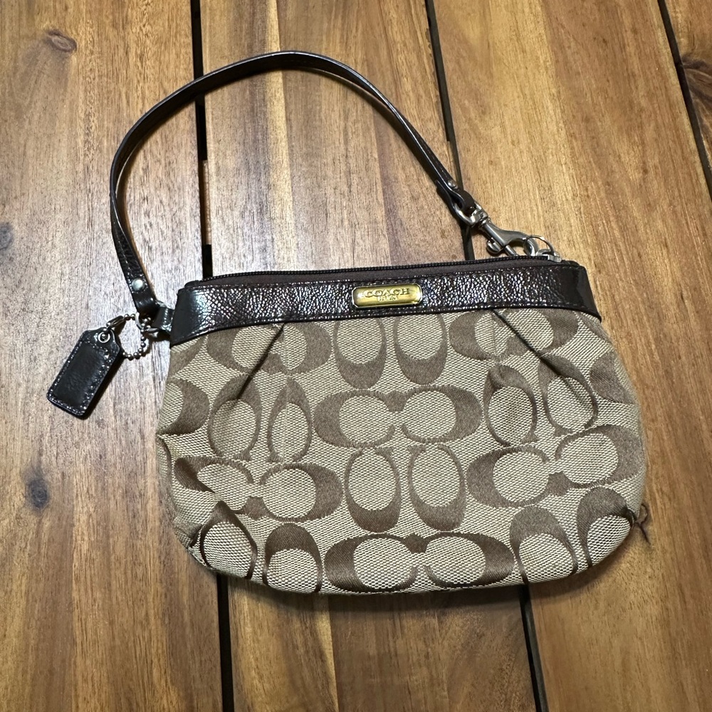 Coach Signature Canvas Wristlet in Tan and Brown
